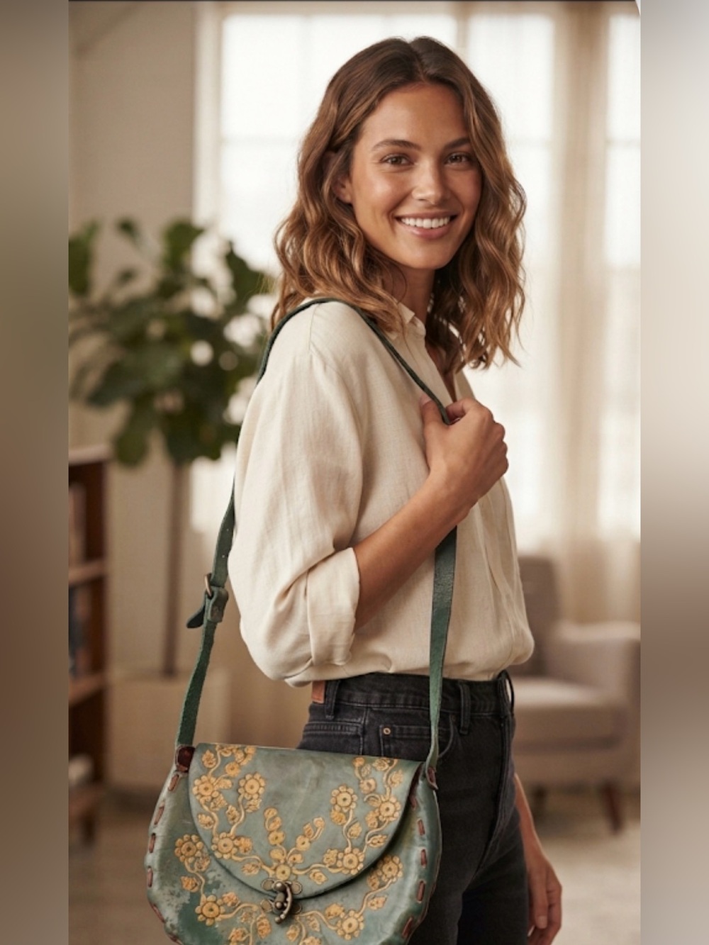 Handcrafted Green Leather Shoulder Bag with Gold Floral Detail